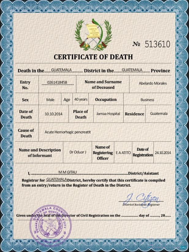 Download Guatemala vital record death certificate PSD template Photoshop template